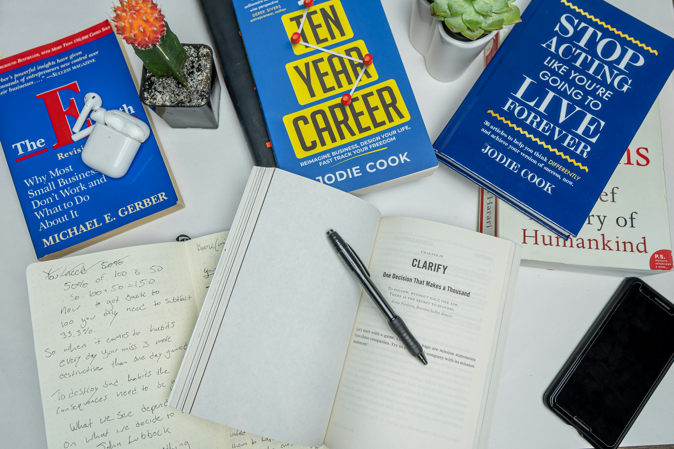 Flatlay books including the E-Myth, Sapiens, Ten Year Career and Stop Acting Like You're Going to Live Forever.